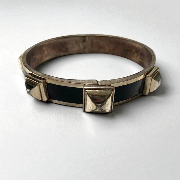 Henri Bendel Gold-Tone Hinged Bangle Bracelet With Black Enamel Crystal Accents - Picture 2 of 5